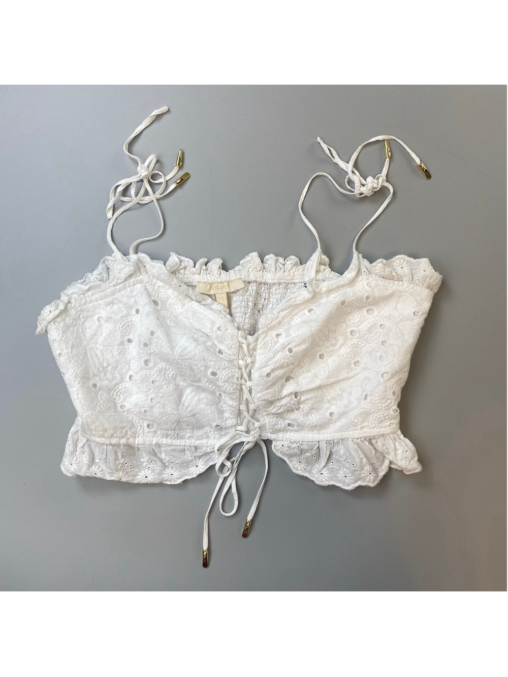 Studio F White Crop Top Medium Eyelet Lace-Up Milkmaid Boho Festival Western
